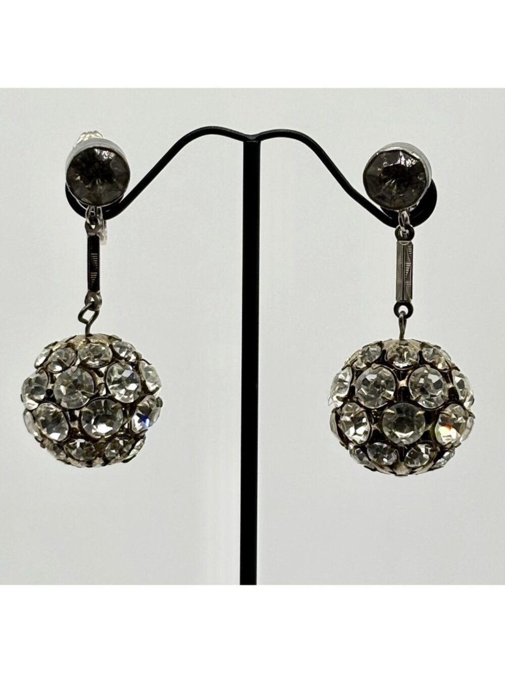 Vintage Art Deco Rhinestone Dangling Disco Ball Earrings Clip-On Bling, Unsigned